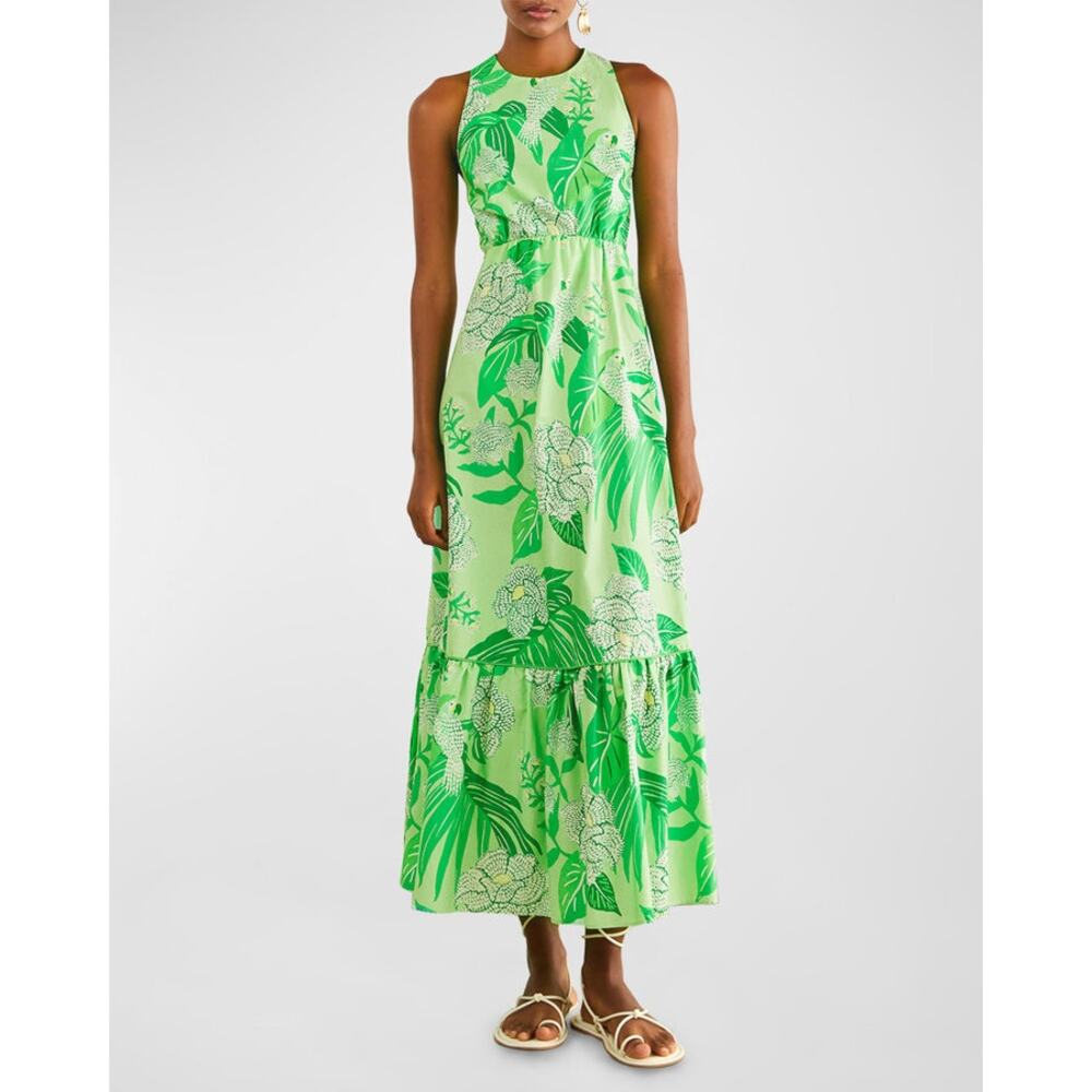 Farm Rio Dewdrop Floral Cutout Back Midi Dress – Green
